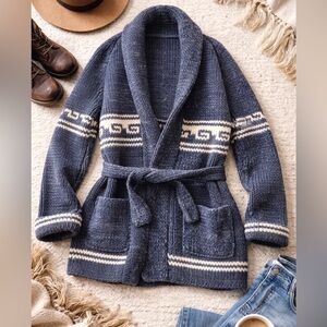 Vintage Hand Knit Wool Shawl Collar Belted Cardigan |Ranch Lodge Sweater